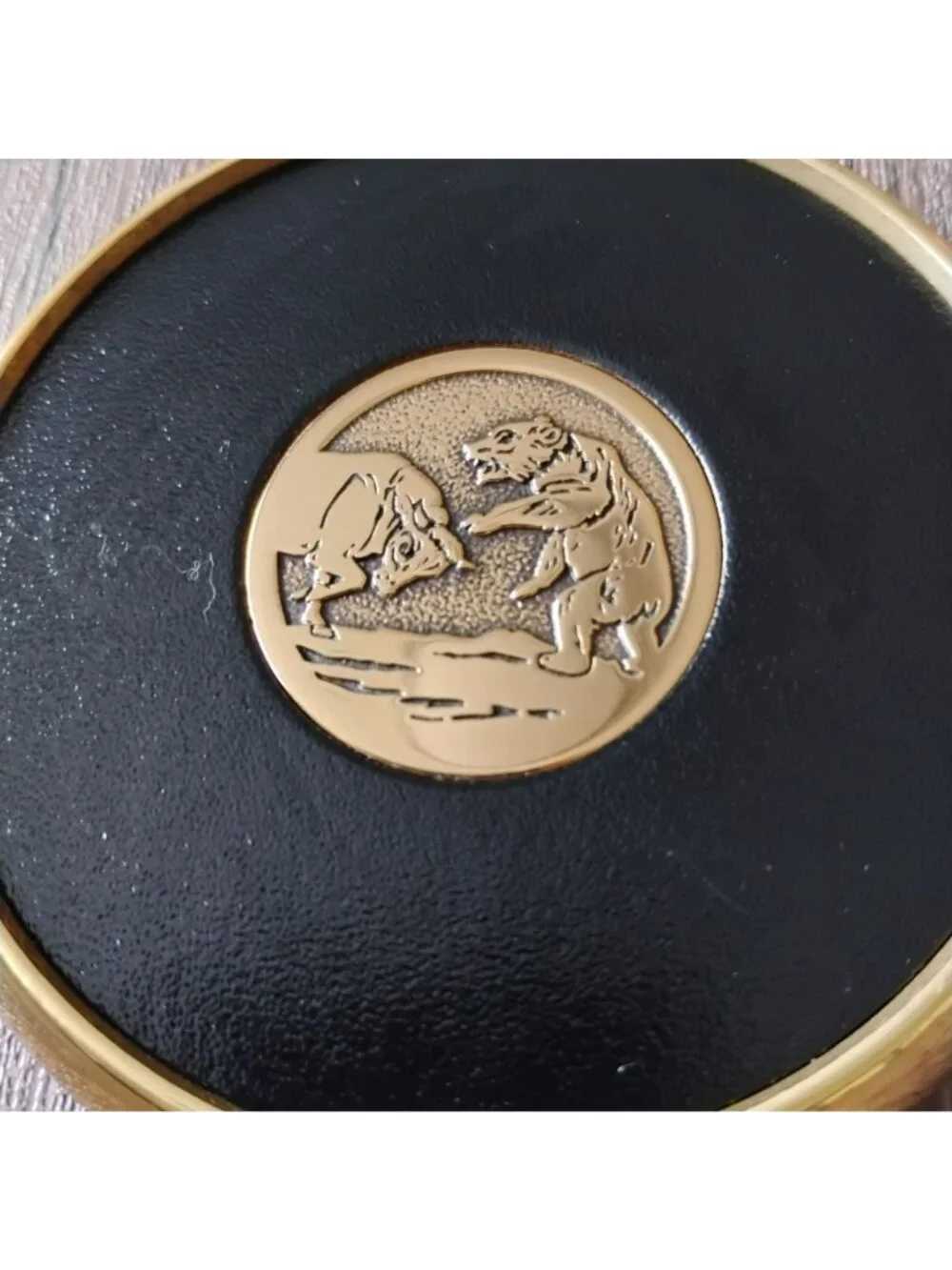 Vintage Brass Bull and Bear Coasters - Set of 7 Wall Street Leather Cork Backing